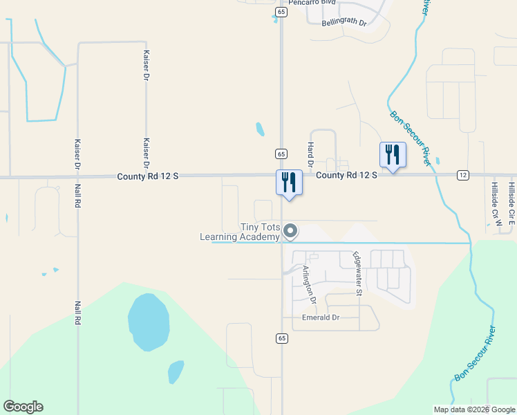 map of restaurants, bars, coffee shops, grocery stores, and more near 17940 County Road 65 in Foley