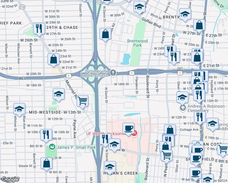 map of restaurants, bars, coffee shops, grocery stores, and more near 816 West 17th Street in Jacksonville
