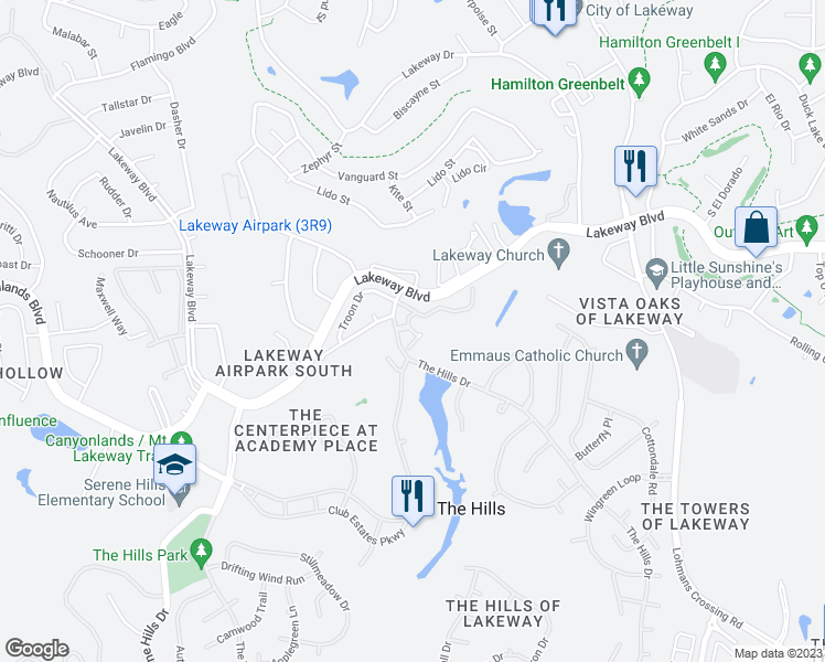 map of restaurants, bars, coffee shops, grocery stores, and more near 107 Birdie Drive in The Hills