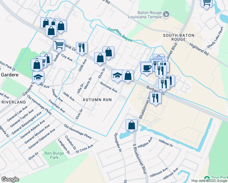 map of restaurants, bars, coffee shops, grocery stores, and more near 9135A Ridge Oak Drive in Baton Rouge