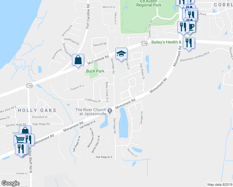 map of restaurants, bars, coffee shops, grocery stores, and more near 1949 Derringer Road in Jacksonville