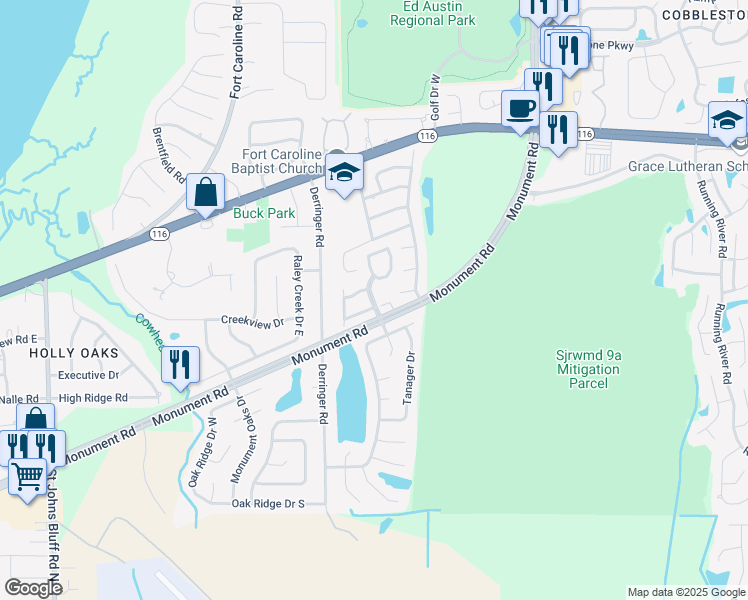 map of restaurants, bars, coffee shops, grocery stores, and more near 1931 Shadowood Park Drive in Jacksonville