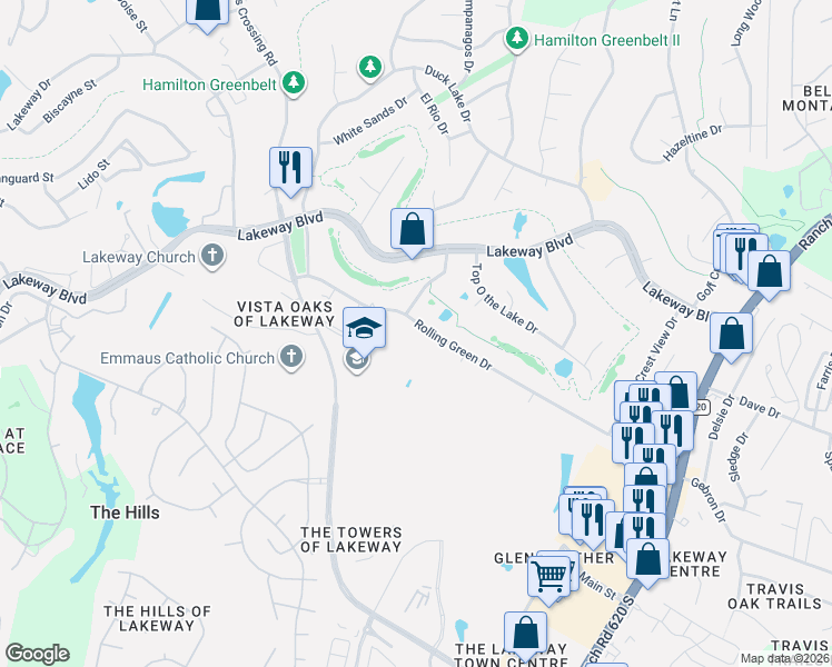 map of restaurants, bars, coffee shops, grocery stores, and more near 609 Rolling Green Dr in Lakeway