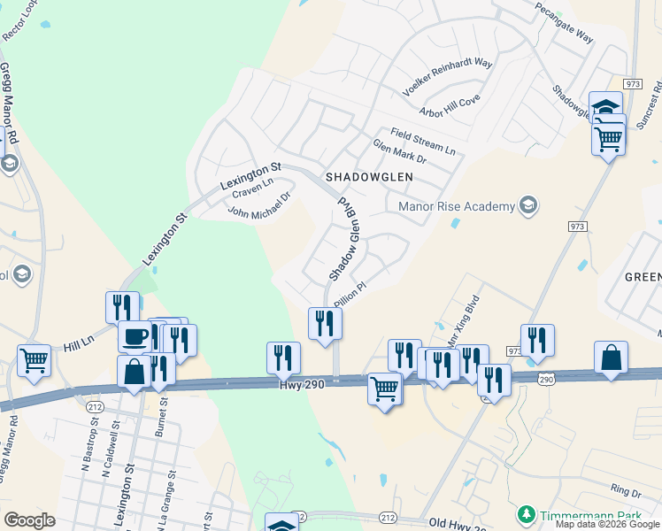map of restaurants, bars, coffee shops, grocery stores, and more near 13617 Sun Dapple Court in Manor