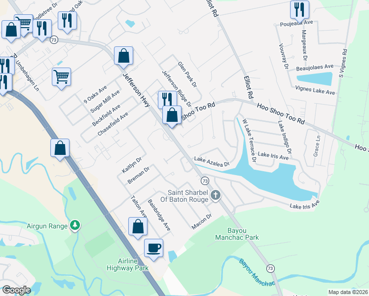 map of restaurants, bars, coffee shops, grocery stores, and more near 18330 Jefferson Highway in Baton Rouge