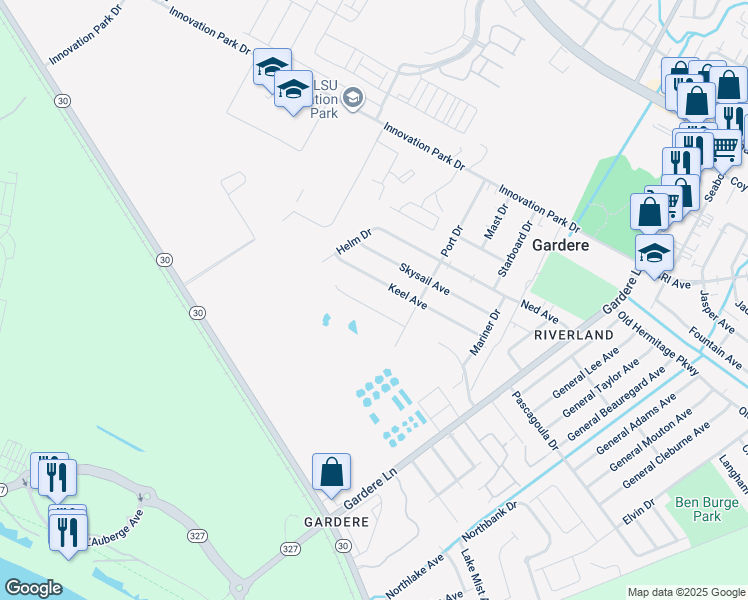 map of restaurants, bars, coffee shops, grocery stores, and more near 8033 Starwood Court in Baton Rouge