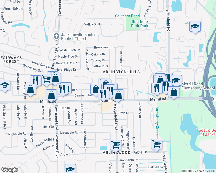 map of restaurants, bars, coffee shops, grocery stores, and more near 7619 Sandhurst Road East in Jacksonville