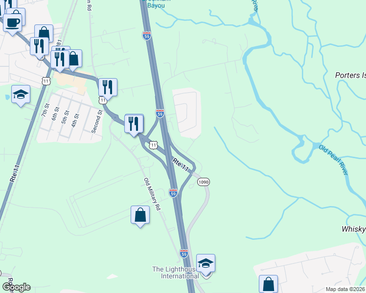 map of restaurants, bars, coffee shops, grocery stores, and more near 10 Commercial Drive in Pearl River