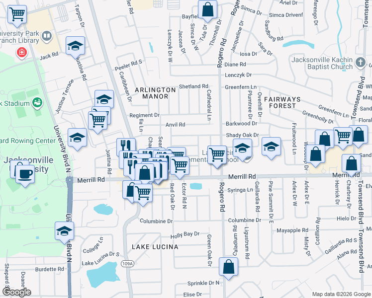 map of restaurants, bars, coffee shops, grocery stores, and more near 6238 Green Pine Lane in Jacksonville