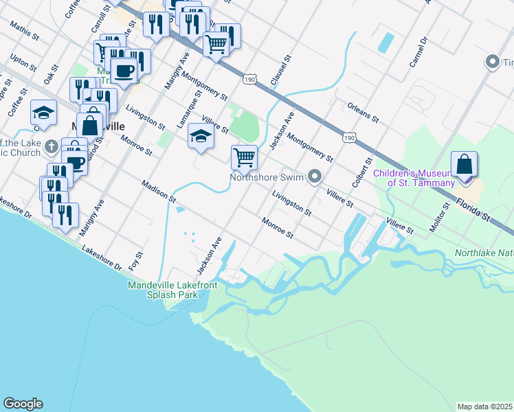 map of restaurants, bars, coffee shops, grocery stores, and more near 514 Castain Drive in Mandeville