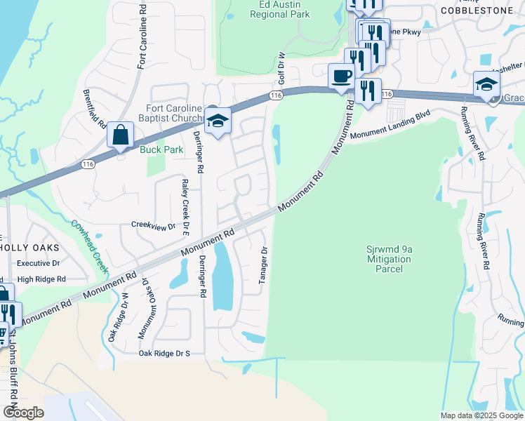 map of restaurants, bars, coffee shops, grocery stores, and more near 11562 Black Oak Trail in Jacksonville