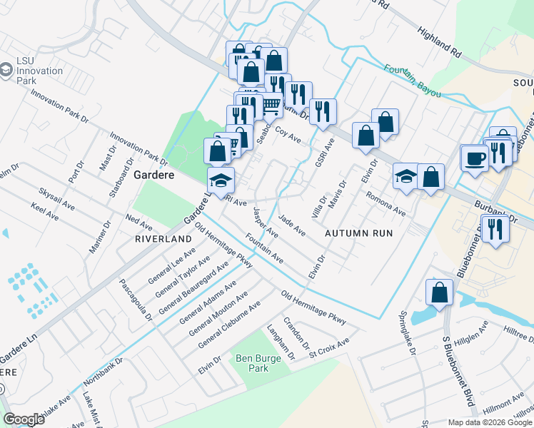 map of restaurants, bars, coffee shops, grocery stores, and more near 1639 Jasper Avenue in Baton Rouge