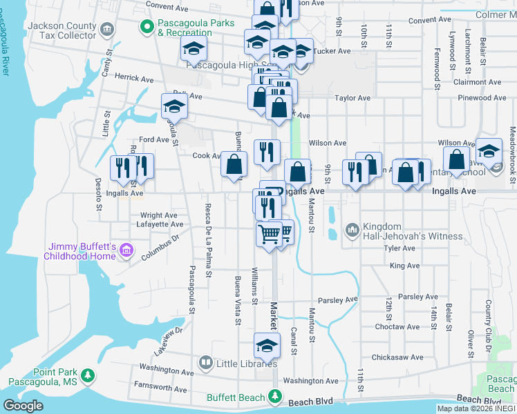 map of restaurants, bars, coffee shops, grocery stores, and more near 1802 Williams Street in Pascagoula