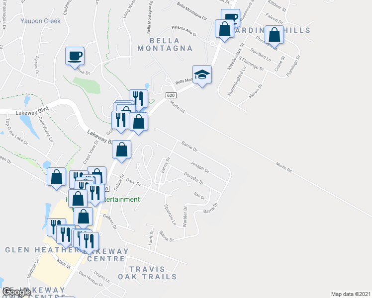 map of restaurants, bars, coffee shops, grocery stores, and more near 15301 Barrie Dr in Austin