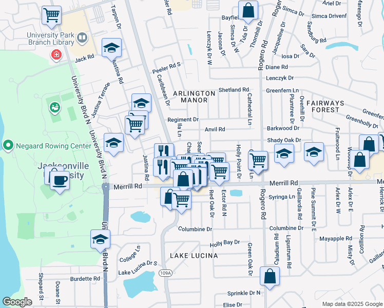 map of restaurants, bars, coffee shops, grocery stores, and more near 2923 Charme Drive in Jacksonville