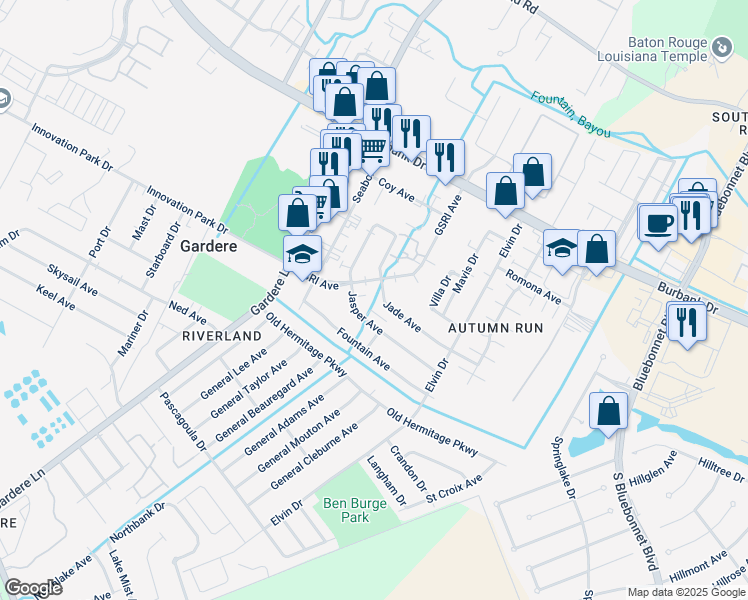 map of restaurants, bars, coffee shops, grocery stores, and more near 1526 Jade Avenue in Baton Rouge