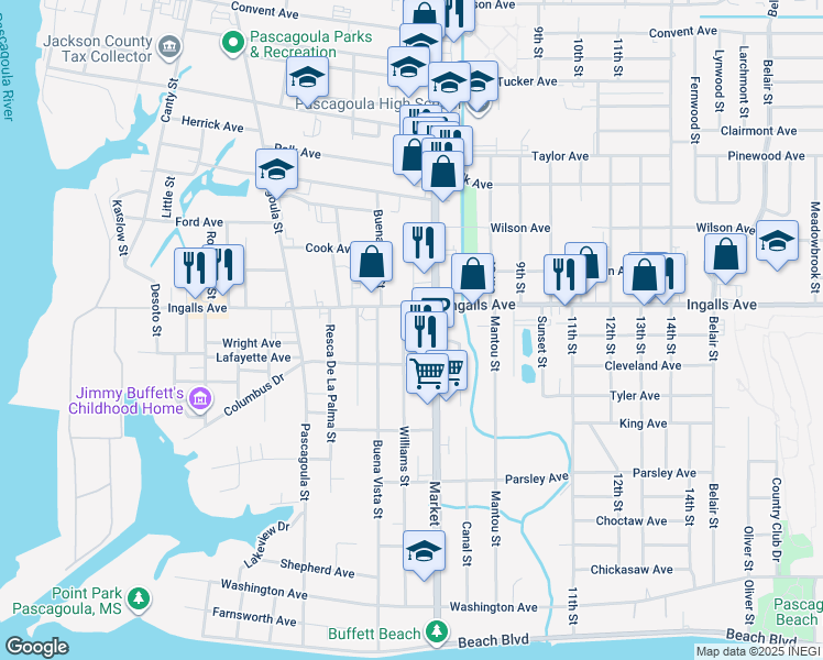 map of restaurants, bars, coffee shops, grocery stores, and more near 1802 Williams Street in Pascagoula