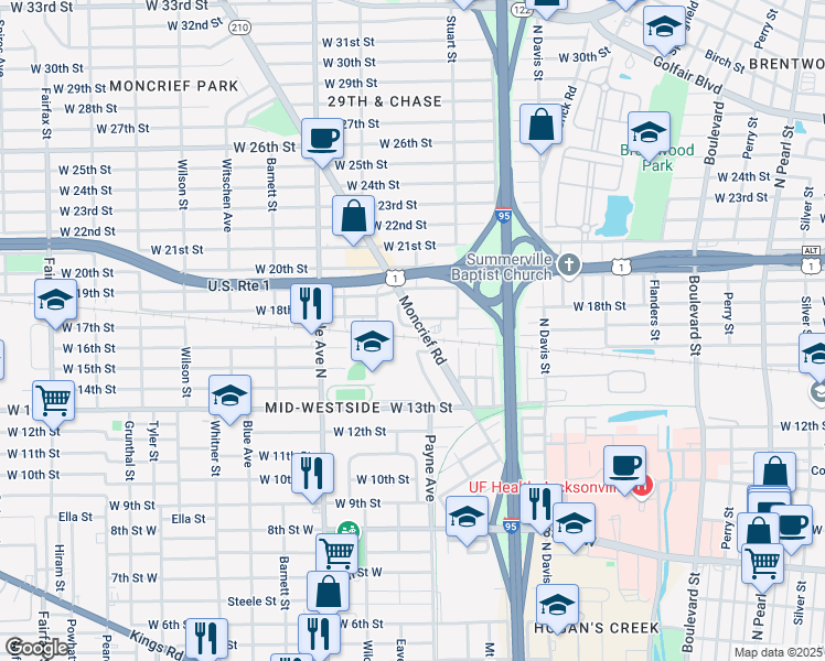 map of restaurants, bars, coffee shops, grocery stores, and more near 2808 Woodland Street in Jacksonville