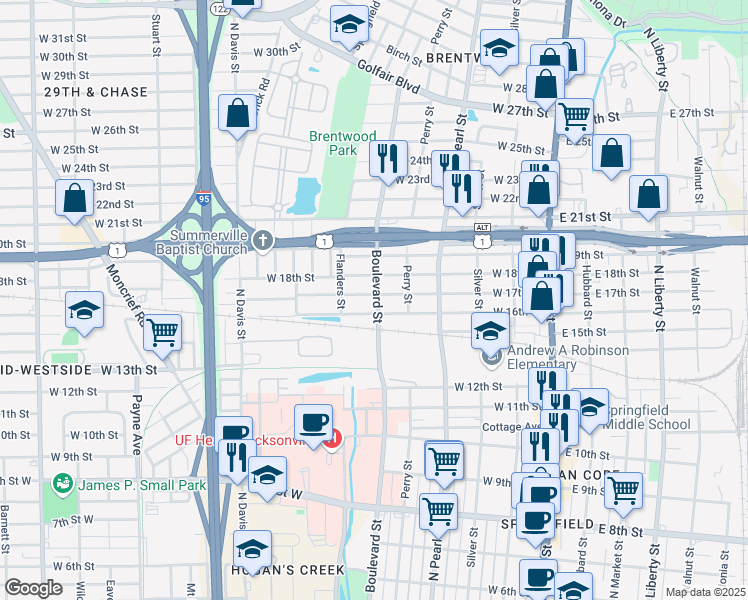 map of restaurants, bars, coffee shops, grocery stores, and more near 2622 Boulevard in Jacksonville