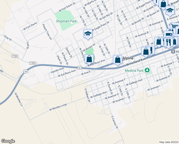 map of restaurants, bars, coffee shops, grocery stores, and more near 1600-1698 W Ave E in Alpine