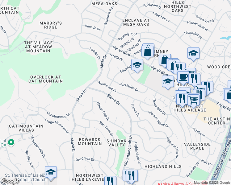 map of restaurants, bars, coffee shops, grocery stores, and more near 3928 Knollwood Drive in Austin
