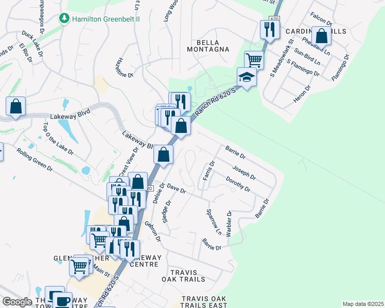map of restaurants, bars, coffee shops, grocery stores, and more near 65 White Magnolia Circle in Lakeway