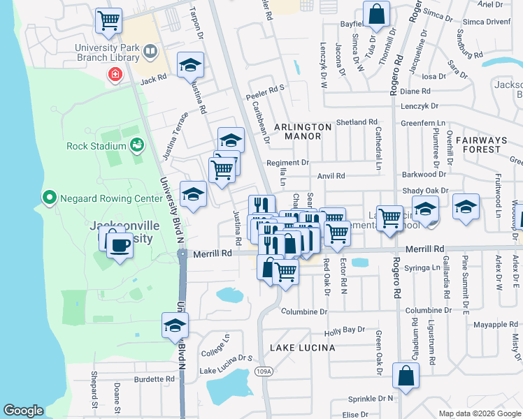 map of restaurants, bars, coffee shops, grocery stores, and more near 5824 Yellow Pine Court in Jacksonville