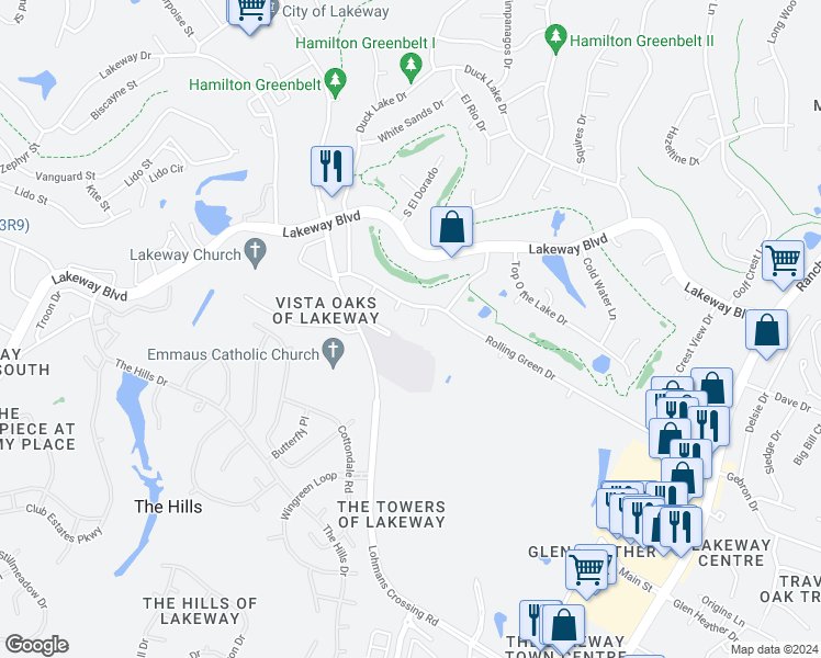 map of restaurants, bars, coffee shops, grocery stores, and more near 709 Show Low Court in Lakeway