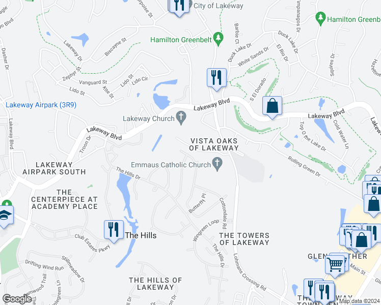 map of restaurants, bars, coffee shops, grocery stores, and more near 64 Lost Meadow Trail in The Hills