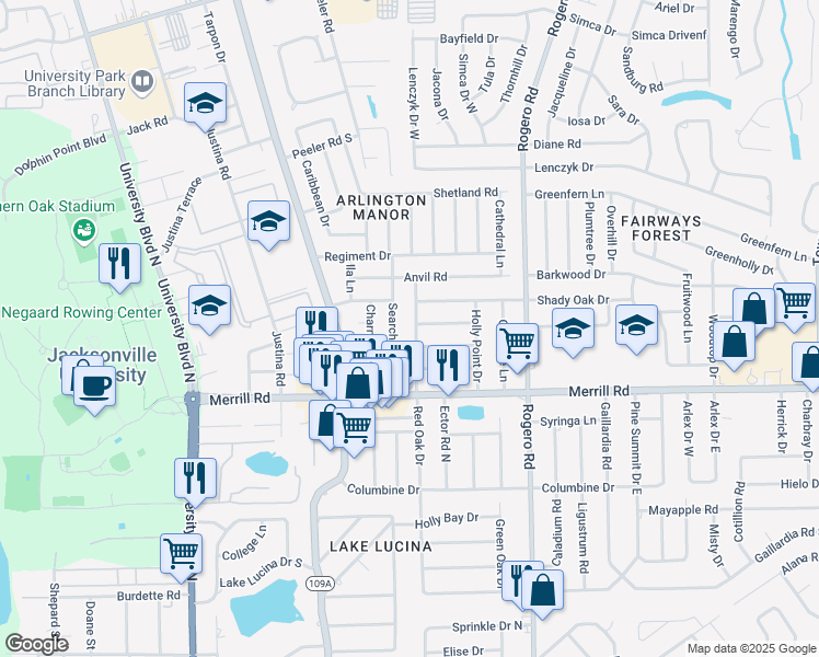 map of restaurants, bars, coffee shops, grocery stores, and more near 2918 Red Oak Drive in Jacksonville