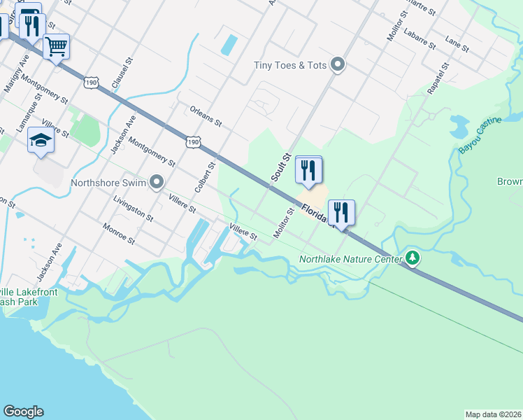 map of restaurants, bars, coffee shops, grocery stores, and more near 955 Montgomery Street in Mandeville