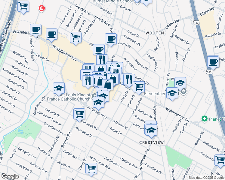 map of restaurants, bars, coffee shops, grocery stores, and more near 2143 West Anderson Lane in Austin