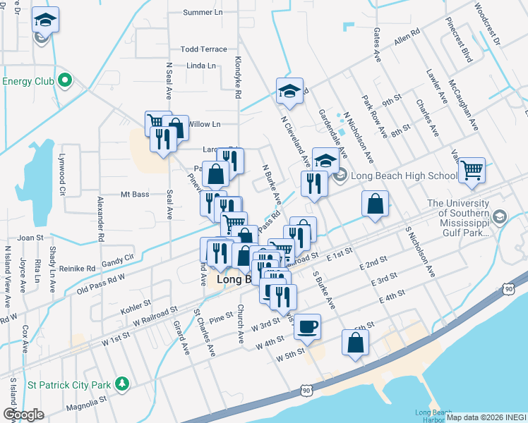 map of restaurants, bars, coffee shops, grocery stores, and more near 190-198 E Old Pass Rd in Long Beach