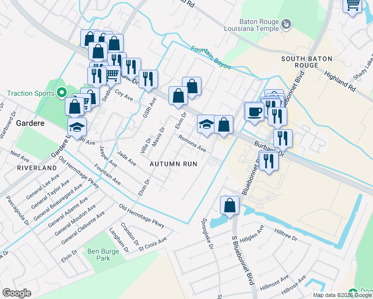map of restaurants, bars, coffee shops, grocery stores, and more near 9130 Pecan Tree Drive in Baton Rouge