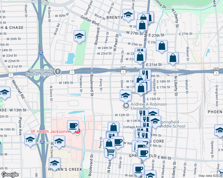 map of restaurants, bars, coffee shops, grocery stores, and more near 2625 North Pearl Street in Jacksonville