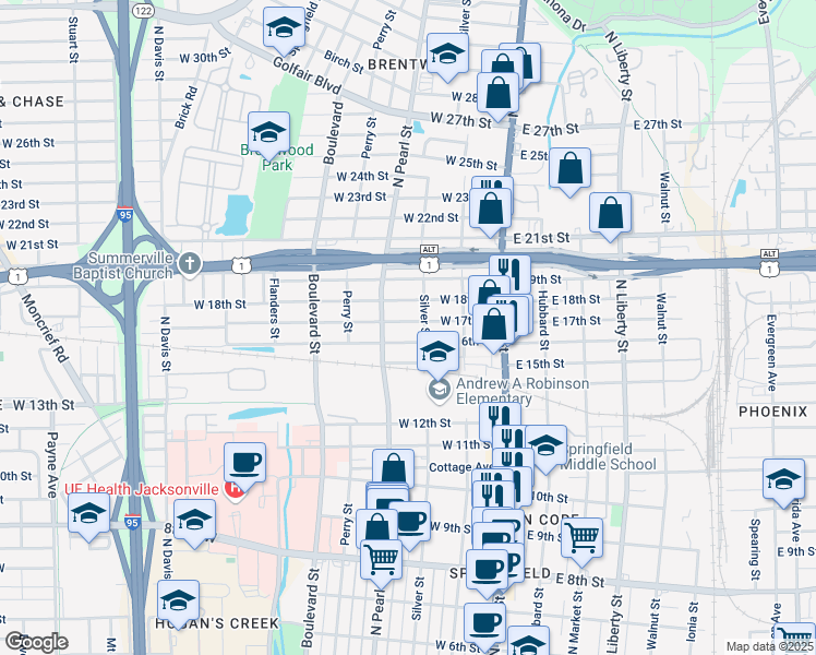 map of restaurants, bars, coffee shops, grocery stores, and more near 218 West 17th Street in Jacksonville