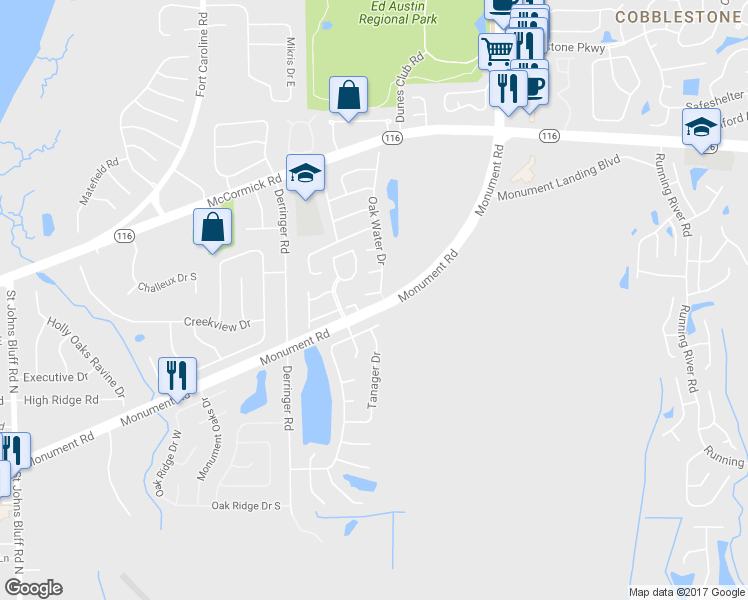 map of restaurants, bars, coffee shops, grocery stores, and more near 11554 Black Oak Trail in Jacksonville