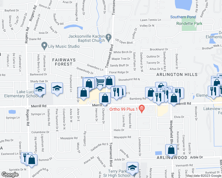 map of restaurants, bars, coffee shops, grocery stores, and more near 7202 Adele Court in Jacksonville