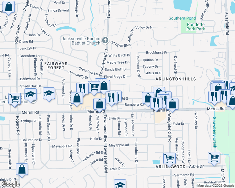 map of restaurants, bars, coffee shops, grocery stores, and more near 7256 Adele Court in Jacksonville