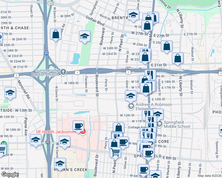 map of restaurants, bars, coffee shops, grocery stores, and more near 2653 Perry Street in Jacksonville