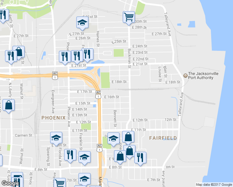 map of restaurants, bars, coffee shops, grocery stores, and more near 1503 East 16th Street in Jacksonville