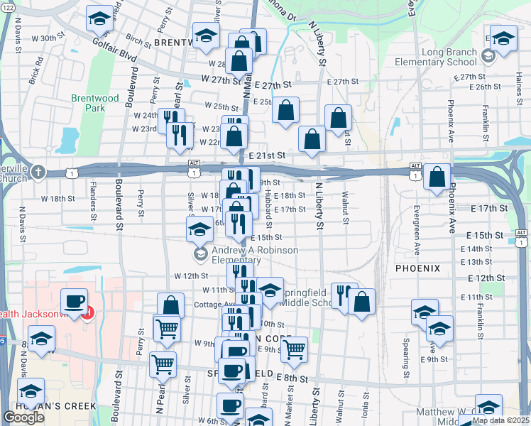 map of restaurants, bars, coffee shops, grocery stores, and more near 2624 Hubbard Street in Jacksonville
