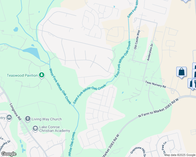 map of restaurants, bars, coffee shops, grocery stores, and more near 2261 Teas Crossing Drive in Conroe