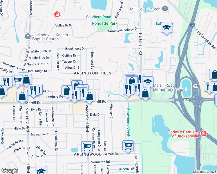 map of restaurants, bars, coffee shops, grocery stores, and more near 2860 Sandy Beach Lane in Jacksonville