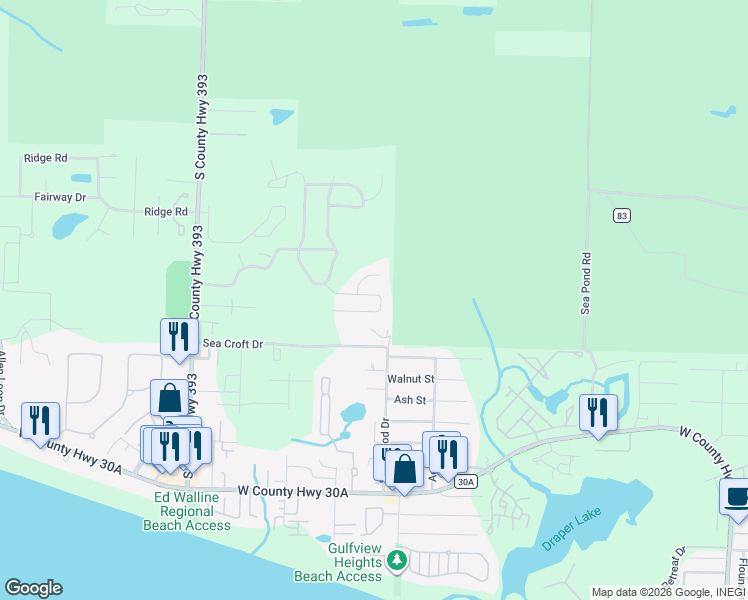 map of restaurants, bars, coffee shops, grocery stores, and more near 134 Tropical Breeze Drive in Santa Rosa Beach