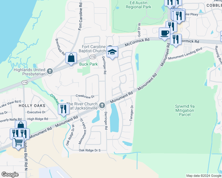 map of restaurants, bars, coffee shops, grocery stores, and more near 1818 Willowwood Drive in Jacksonville