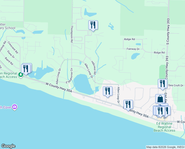 map of restaurants, bars, coffee shops, grocery stores, and more near 568 Allen Loop Drive in Santa Rosa Beach