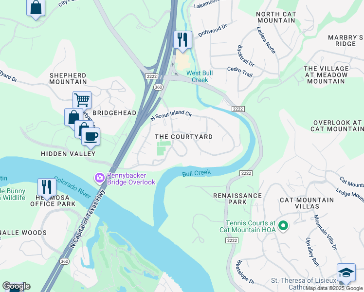 map of restaurants, bars, coffee shops, grocery stores, and more near 5722 Sam Houston Circle in Austin