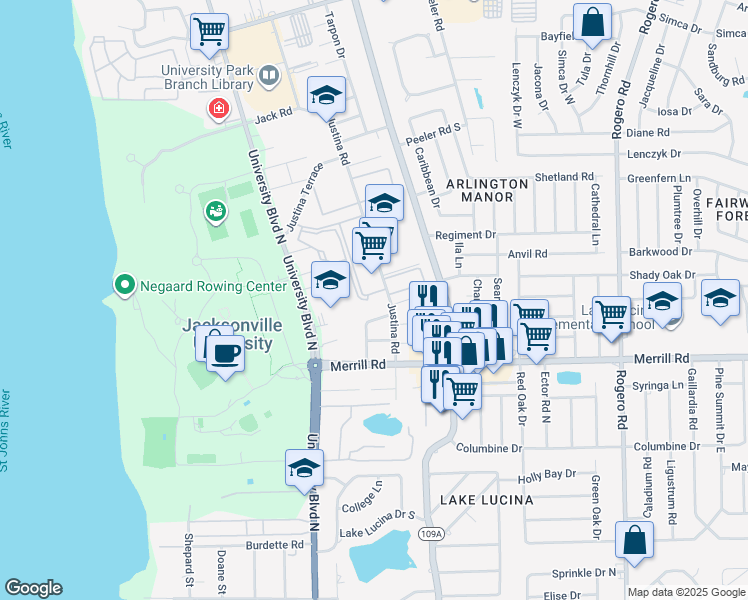 map of restaurants, bars, coffee shops, grocery stores, and more near 5750 Tall Pine Lane in Jacksonville