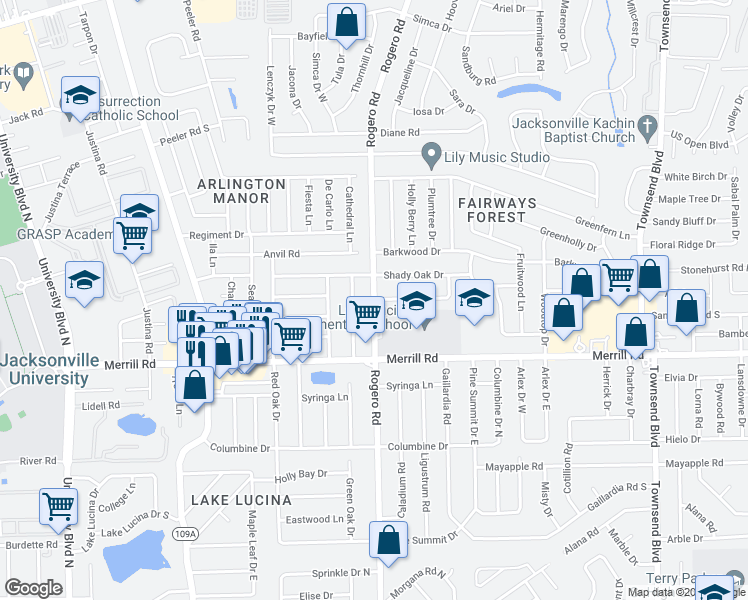 map of restaurants, bars, coffee shops, grocery stores, and more near Rogero Road in Jacksonville